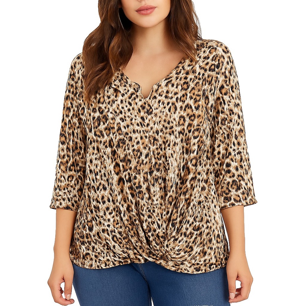 Catherines Womens 1X Leopard Print Boho Festival Blouse V-Neck Plus Size Top